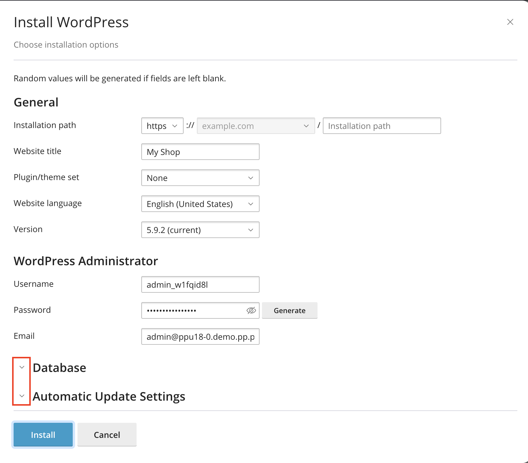 'Install WordPress' screen where custom settings are available as well