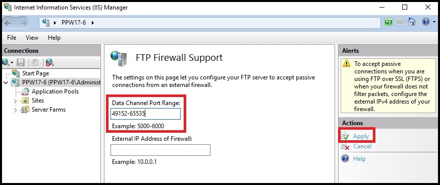 Setting the passive FTP port range