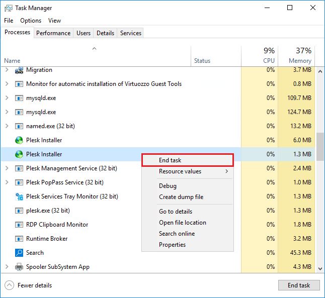 End Plesk Installer tasks with Windows Task Manager
