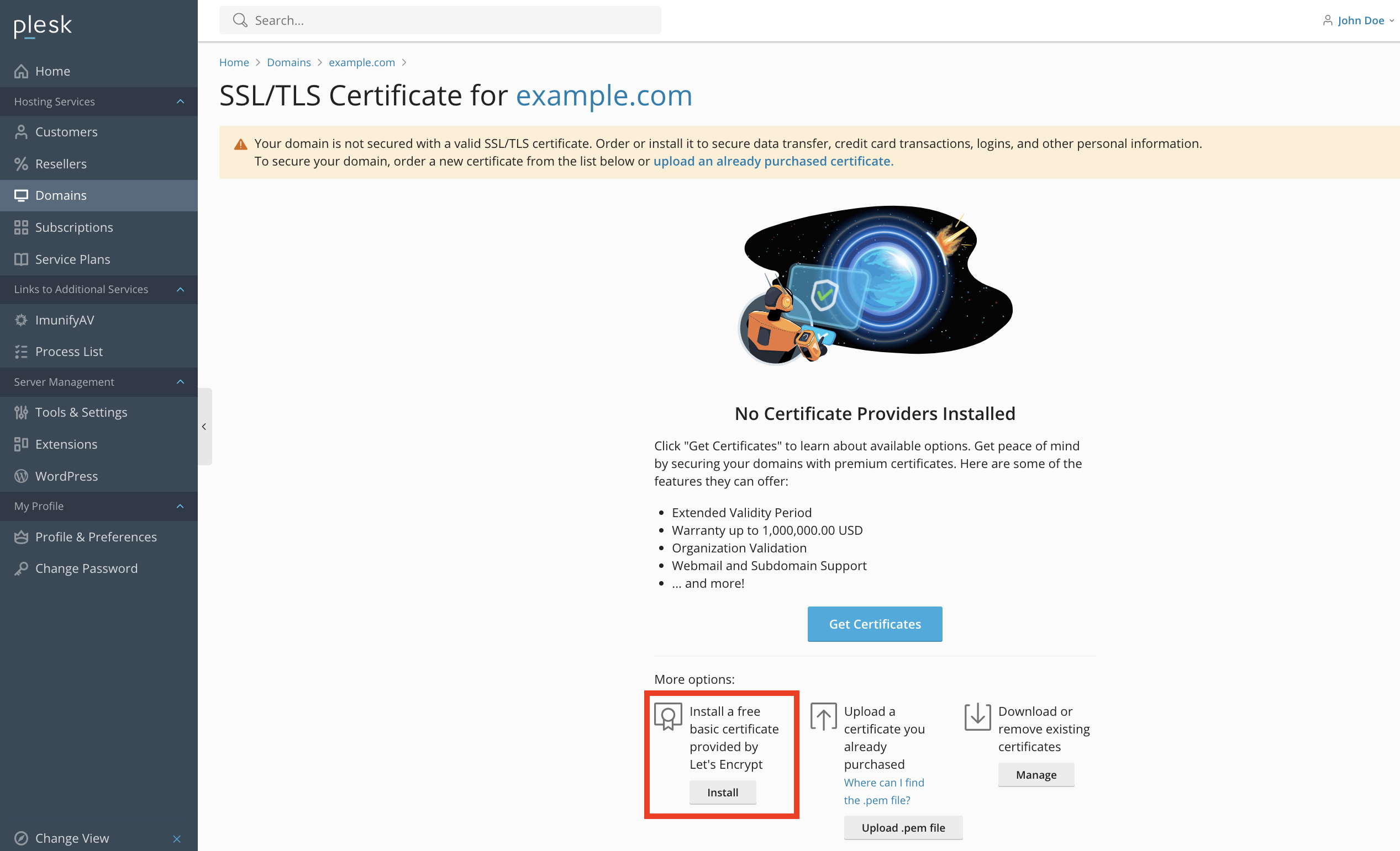 Install Let's Encrypt certificate button