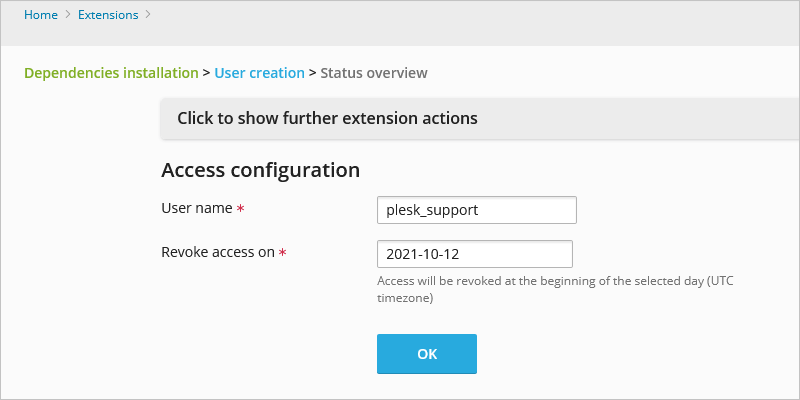  User creation status overview and Access configuration page