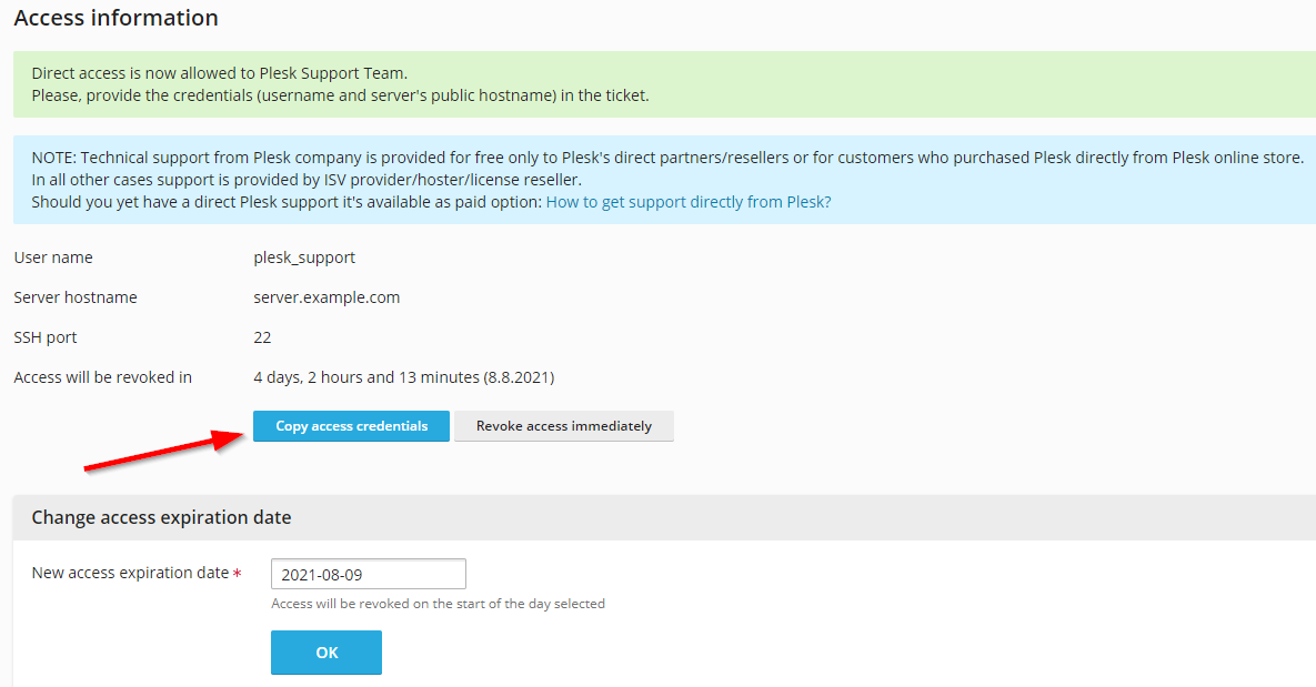 Access information, Copy access credentials and Change access expiration date page. This page does not contain any password strings.