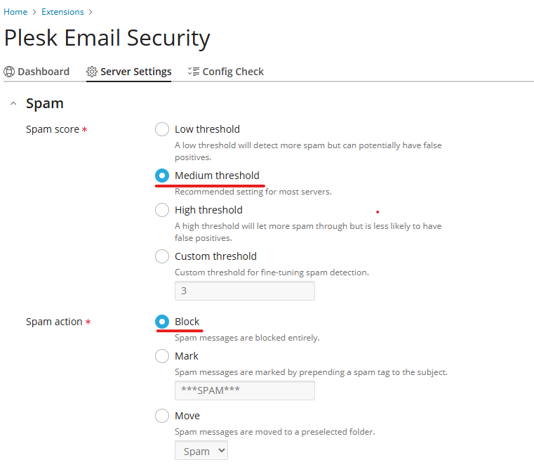 Spam score and Spam action settings