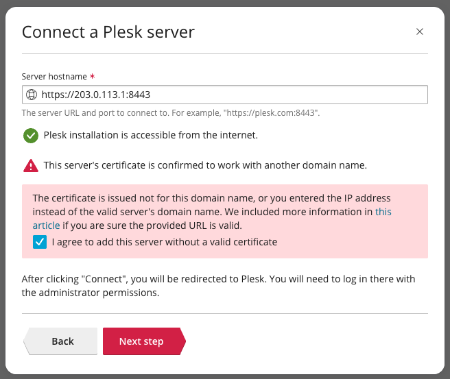 Image that shows server ip being added to Plesk 360